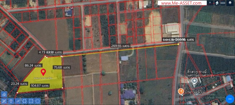 ขายที่ดินเปล่า ย่าน เลียบคลองชลประทาน ม่วงตารศ ห้วยขวาง กำแพงแสน นครปฐม : ใกล้บ้านสวนชมจันทร์ และชวาลันรีสอร์ท : 4 ไร่