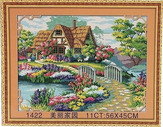 ชุดปักครอสติช ลายบ้านสวยในสวนดอกไม้ ขนาด 56*45 ซม.ผ้าครอสติช 11CTพิมพ์ลายปักบนผ้า+ไหมคอตตอน 34 สี+ผังลาย+เข็ม