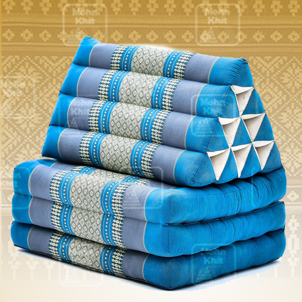 หมอนสามเหลี่ยมฝ้ายขิด 10 ช่องติดเบาะ 3พับ 53x165x30cm// Tri-angle kapok100%Traditional Floor Cushions 10 holes with 3 part of mattress.
