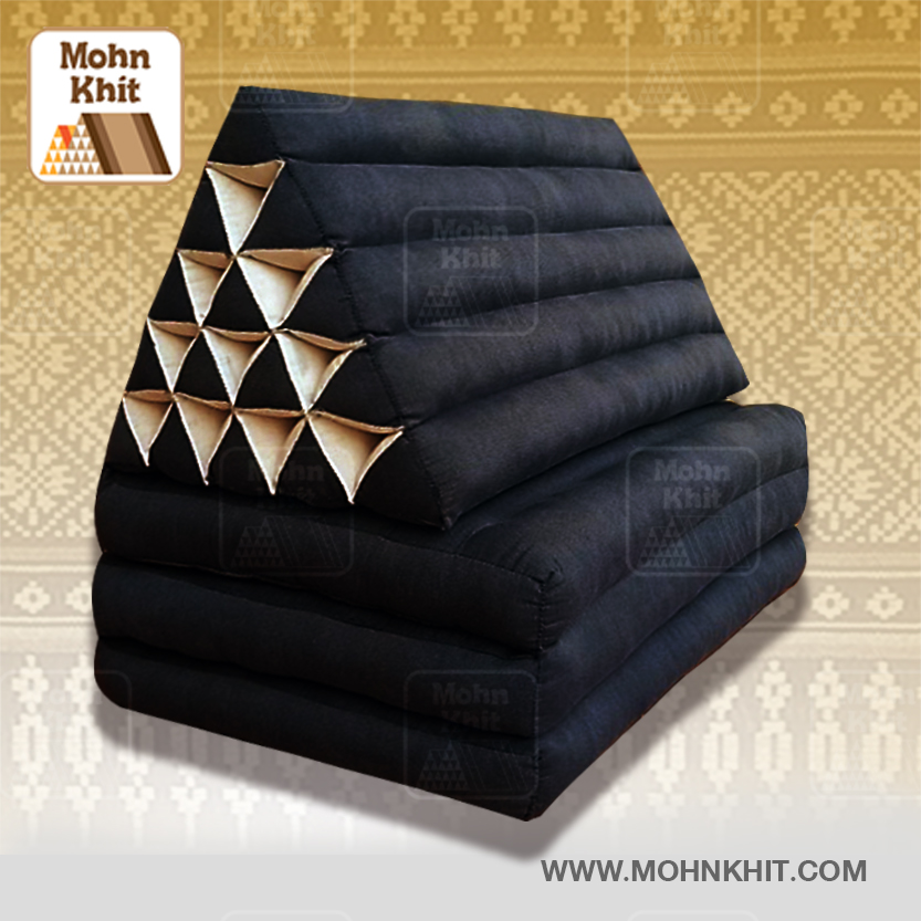 หมอนสามเหลี่ยมสีดำ 15 ช่องติดเบาะ3 พับ 55cmx180cmx36cm Tri-angle Cotton kapok 100%Traditional Floor Cushions 15 holes with 3 part of mattress.