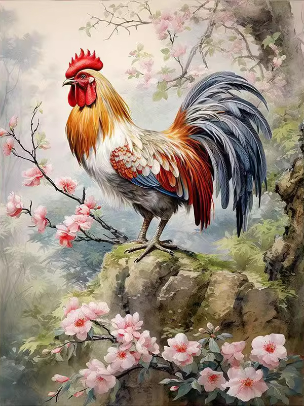 ชุดปักครอสติช ลายไก่มงคล (ปักเต็มผืนผ้า ไม่มีเดินเส้น ผ้า9CTพิมพ์ลาย ปัก 4 เส้นเล็ก) ขนาด 65*85 ซม.ผ้าครอสติช 9CTพิมพ์ลายปักบนผ้า ไหมคอตตอน 57 สี ผังลาย เข็ม