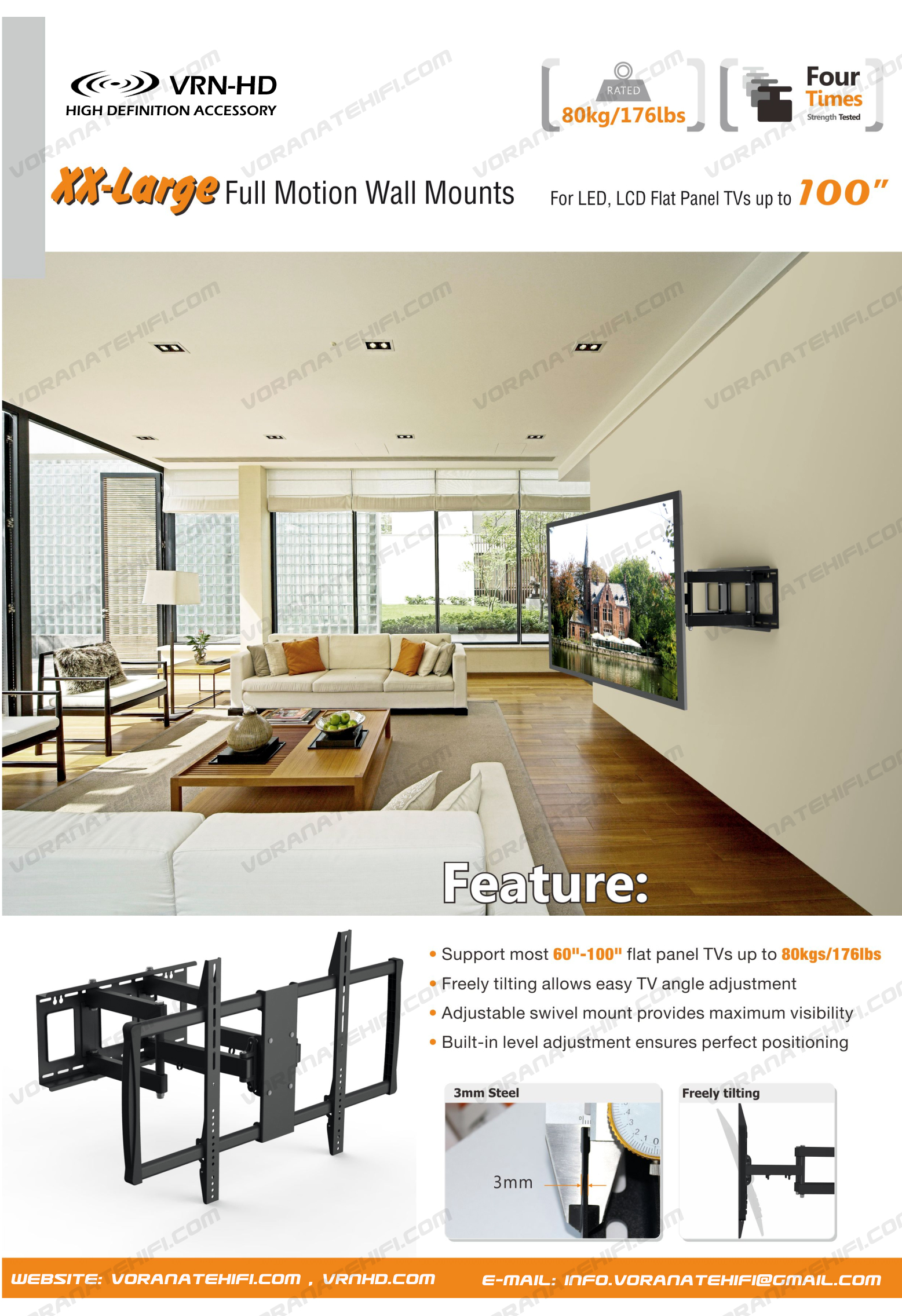 KRAKEN XX-Large ขาแขวนทีวี/จอ Interactive 60"-100" Slim Design Heavy-Duty Full-motion TV Wall Mounts, Max VESA 900x600 mm., Weight Capacity 80 kg./ รับประกันคุณภาพ 3 ปี