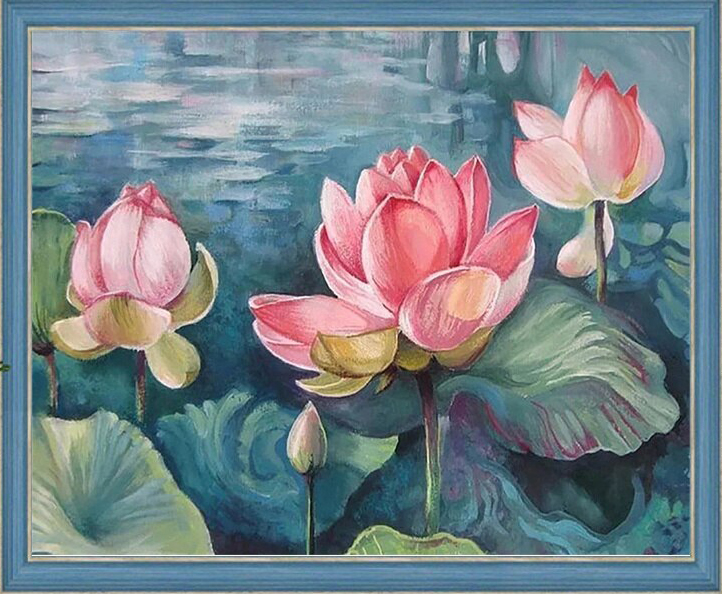 ชุดปักครอสติช ลายภาพวาดบึงบัว (ปักเต็มผืนผ้า ไม่มีเดินเส้น ผ้า11CTพิมพ์ลาย ปัก 3 เส้นเล็ก) ขนาด 70*50 ซม.ผ้าครอสติช 11CTพิมพ์ลายปักบนผ้า ไหมคอตตอน 24 สี ผังลาย เข็ม