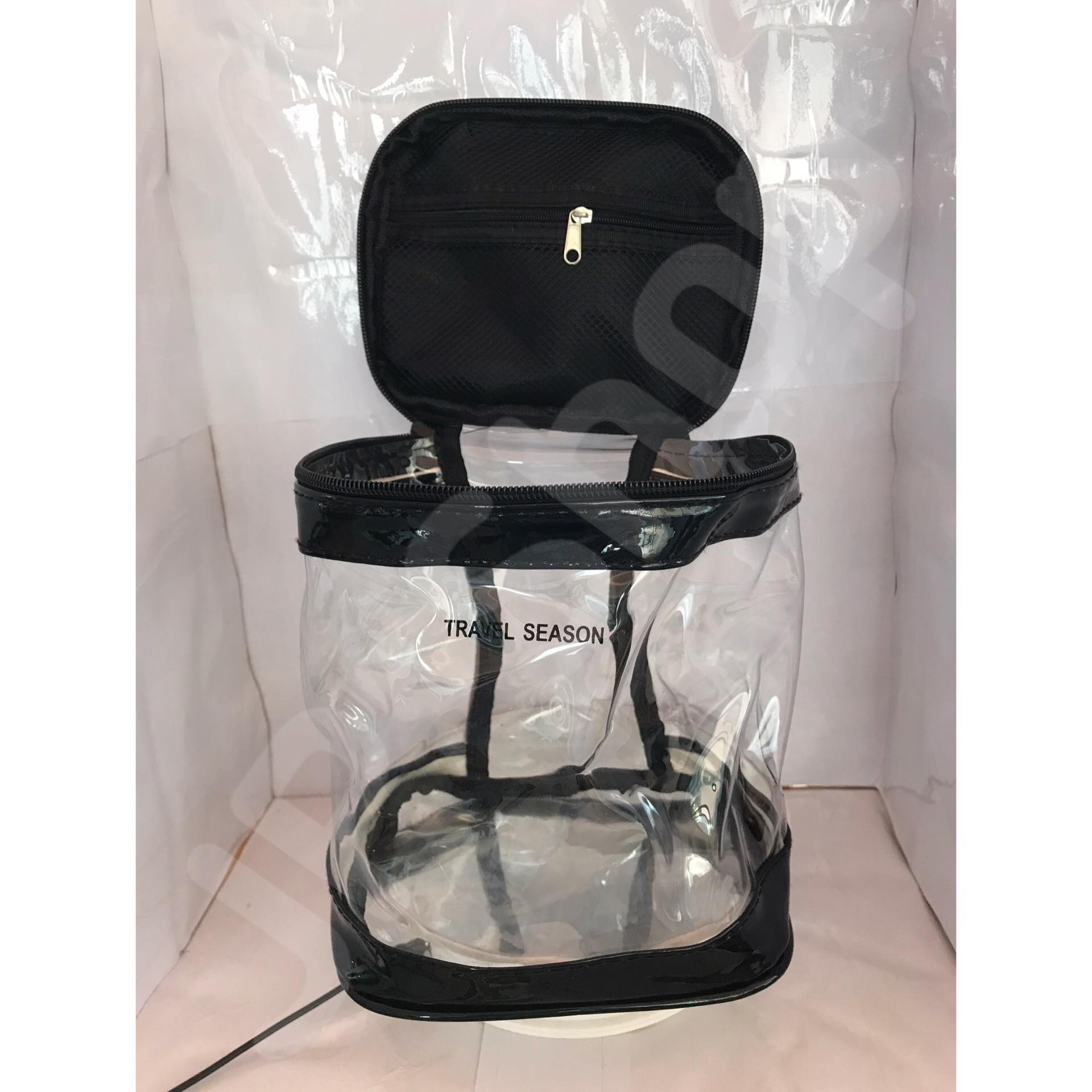 กระเป๋าใส่เครื่องสำอาง ทรงกระบอก สีดำ โปร่งใส ราคา/1 ใบ #0151