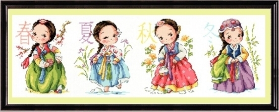 ชุดปักครอสติช ลายสาวน้อยในชุดฮันบก ขนาด 75*29 ซม.ผ้าครอสติช 11CTพิมพ์ลายปักบนผ้า ไหมคอตตอน 26 สี ผังลาย เข็ม