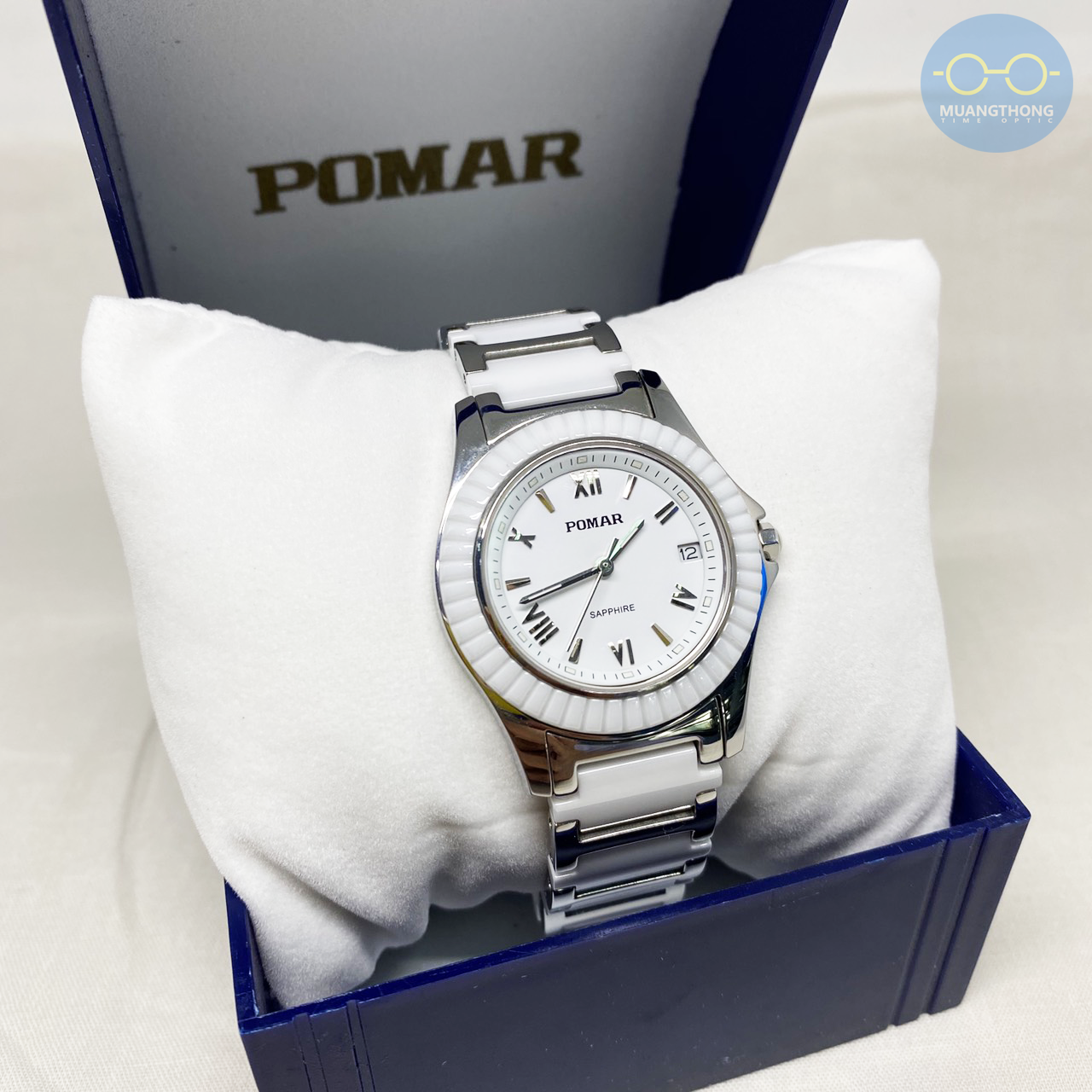 POMAR นาฬิกาข้อมือผู้หญิง ขอบตัวเรือนเซรามิคสีขาวและตัวเรือนสแตนเลส หน้าปัดสีขาว รุ่น PM13148S