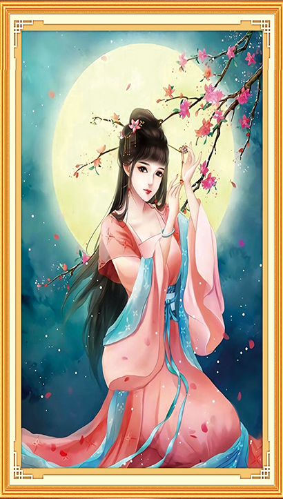 ชุดปักครอสติช ลายสาวงามใต้เงาจันทร์ (งานปักเต็มลาย ไม่มีเดินเส้น) ขนาด 50*68 ซม.ผ้าครอสติช 11CTพิมพ์ลายปักบนผ้า ไหมคอตตอน 41 สี ผังลาย เข็ม