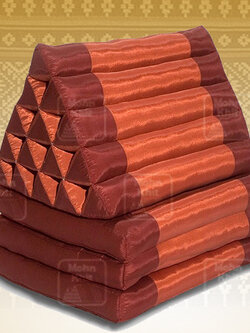 หมอนสามเหลี่ยม"ผ้าไหมสีหมากสุก"15 ช่องติดเบาะ3 พับ55x180x36Cm Tri-angle kapok silk 100%Traditional Floor Cushions 15 holes with 3 part of mattress.