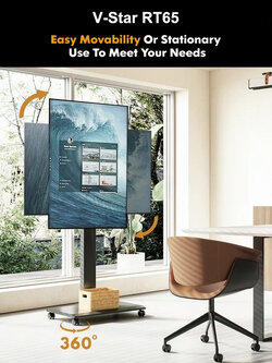 V-Star RT65-B (Matte Black) ขาตั้งทีวีล้อเลื่อน + Wall Mount Kit 43"- 70" หมุนแนวนอน - แนวตั้ง, ไม่ก้ม-เงย, สไตล์มินิมอล Max VESA 600x400 mm., Weight Capacity 50 Kg. (*ไม่รวมทีวี)