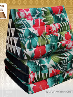 หมอนสามเหลี่ยมลายดอกชบา 15 ช่องติดเบาะ3 พับ 57cmx180cmx36cm Tri-angle Cotton kapok 100%Traditional Floor Cushions 15 holes with 3 part of mattress.