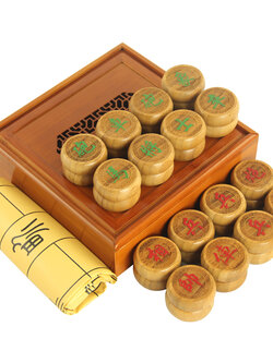 หมากรุกจีนไม้ไผ่ (ตัวสีเขียวแดง+กล่องไม้+กระดานหนัง#50) Bamboo Chinese Chess Pieces with Bamboo Box #45