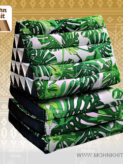 หมอนสามเหลี่ยมลายมอสเตอร่าเขียว 15 ช่องติดเบาะ3 พับ 57cmx180cmx38cm Triangle Cotton kapok 100%Traditional Floor Cushions 15 holes with 3 part of mattress.