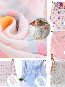 ผ้าห่อตัว(แบบมีหมวกคลุมศีรษะ) ผ้ามัสลิน ทอ 6 ชั้น (มีลายหน้า-หลัง)