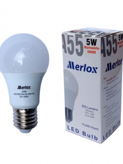 หลอดไฟ LED A55 220-240V 5W 500LM 3000K E27 MERLOX