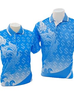 MN POLO เสื้อโปโลพิมพ์ลาย แบบพิมพ์ลายขอ สีฟ้า