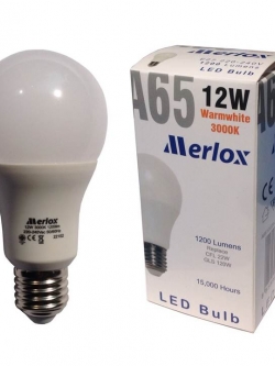 หลอดไฟ LED A65 220-240V 12W 1200LM 3000K E27 MERLOX