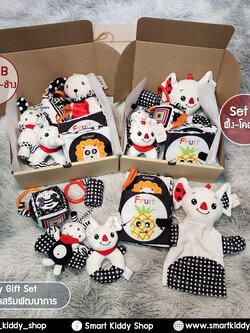 Baby Gift Set 6 ชิ้น ชุดของขวัญเด็กแรกเกิด ของเล่น หนังสือผ้าเสริมพัฒนาการ สีขาว-ดำ-แดง