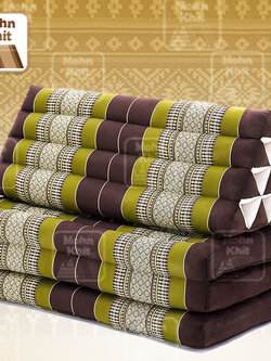 หมอนสามเหลี่ยมใหญ่พิเศษสีเขียวขอบน้ำตาล 10 ช่องติดเบาะ 3 พับ 80x170x38 cm // Large Tri-angle kapok silk 100%Traditional Floor Cushions 10 holes with 3 part of mattress.