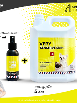 เซทคู่ แชมพูสุนัขสูตรผิวแพ้ง่าย และน้ำมันหอมบำรุงขน กลิ่น Puppy (one more time) For Groomer 5ลิตร/100ml