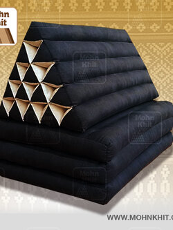 หมอนสามเหลี่ยมสีดำ 15 ช่องติดเบาะ3 พับ 55cmx180cmx36cm Tri-angle Cotton kapok 100%Traditional Floor Cushions 15 holes with 3 part of mattress.