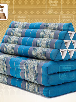 หมอนสามเหลี่ยมใหญ่พิเศษสีฟ้าลายไทย 10 ช่องติดเบาะ 3 พับ 80x170x38 cm // Large Tri-angle kapok silk 100%Traditional Floor Cushions 10 holes with 3 part of mattress.