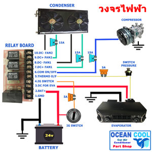 วงจรไฟฟ้าที่ต่อร่วมกับ ตู้แอร์ แบบ แขวน 24v โดยแผงแอร์ (Condenser) มีพัดลม ระบายความร้อน2 ตัว