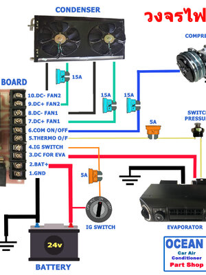 วงจรไฟฟ้าที่ต่อร่วมกับ ตู้แอร์ แบบ แขวน 24v โดยแผงแอร์ (Condenser) มีพัดลม ระบายความร้อน2 ตัว