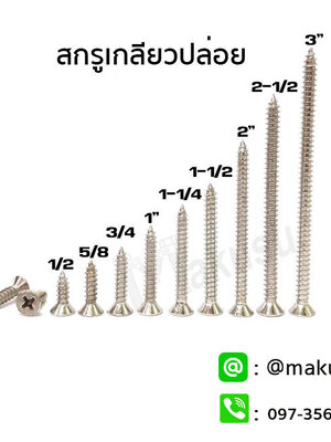 สกรูเกลียวปล่อย สกรูเกลียวปล่อยปลายแหลม มีให้เลือก 4 ขนาด