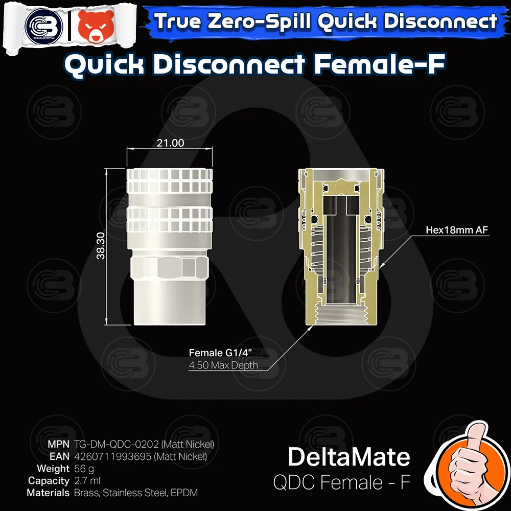 [CoolBlasterThai] THERMAL GRIZZLY DELTAMATE QUICK DISCONNECT FEMALE-F Matt Nickel Machined Brass