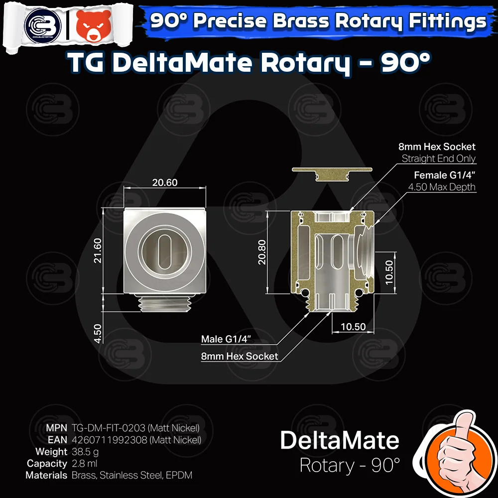 [CoolBlasterThai] THERMAL GRIZZLY DELTAMATE ROTARY 90° Fittings Matt Nickel Machined Brass