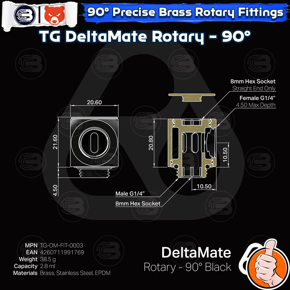[CoolBlasterThai] THERMAL GRIZZLY DELTAMATE ROTARY 90° Fittings Black Machined Brass