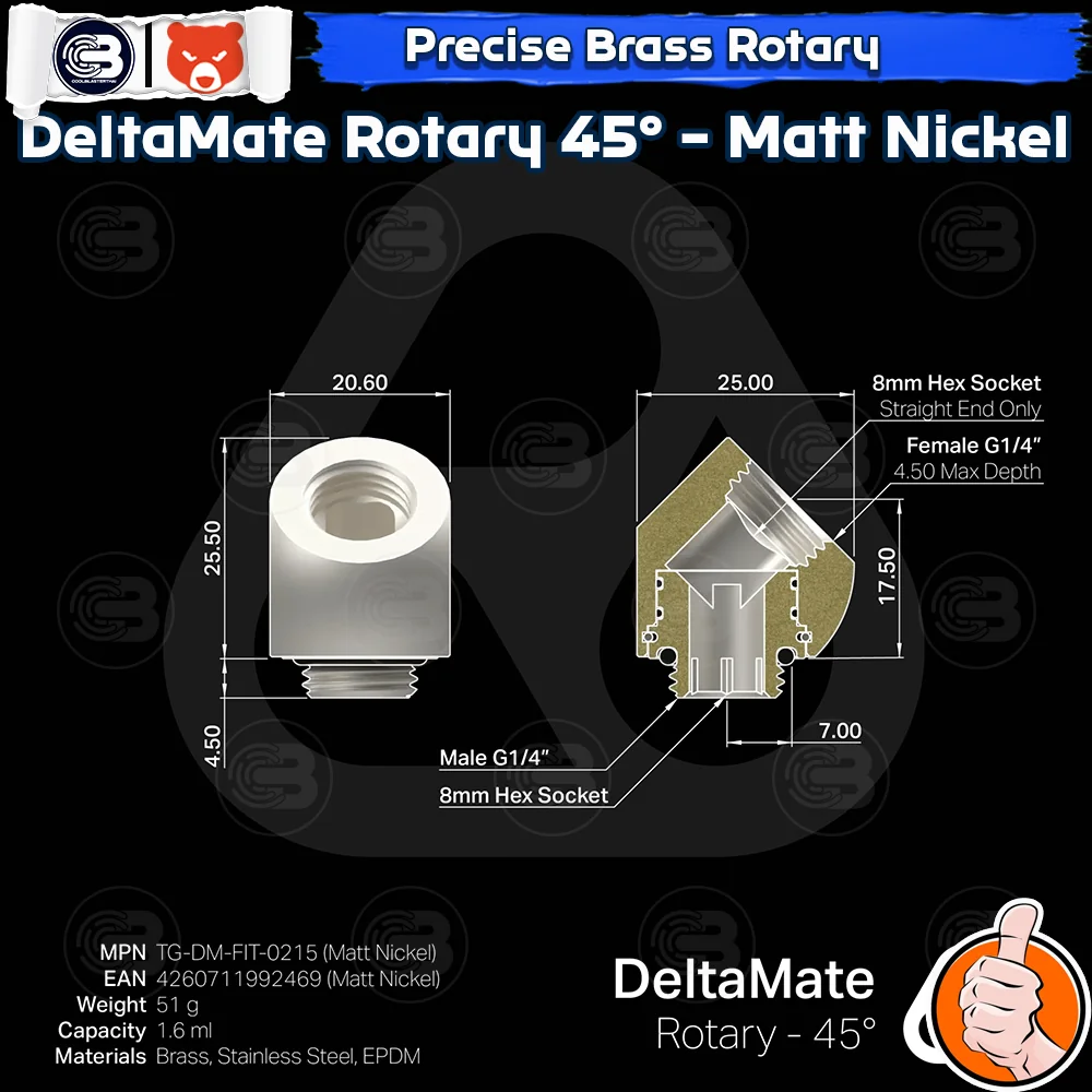 [CoolBlasterThai] THERMAL GRIZZLY DELTAMATE ROTARY 45° Fittings Matt Nickel Machined Brass
