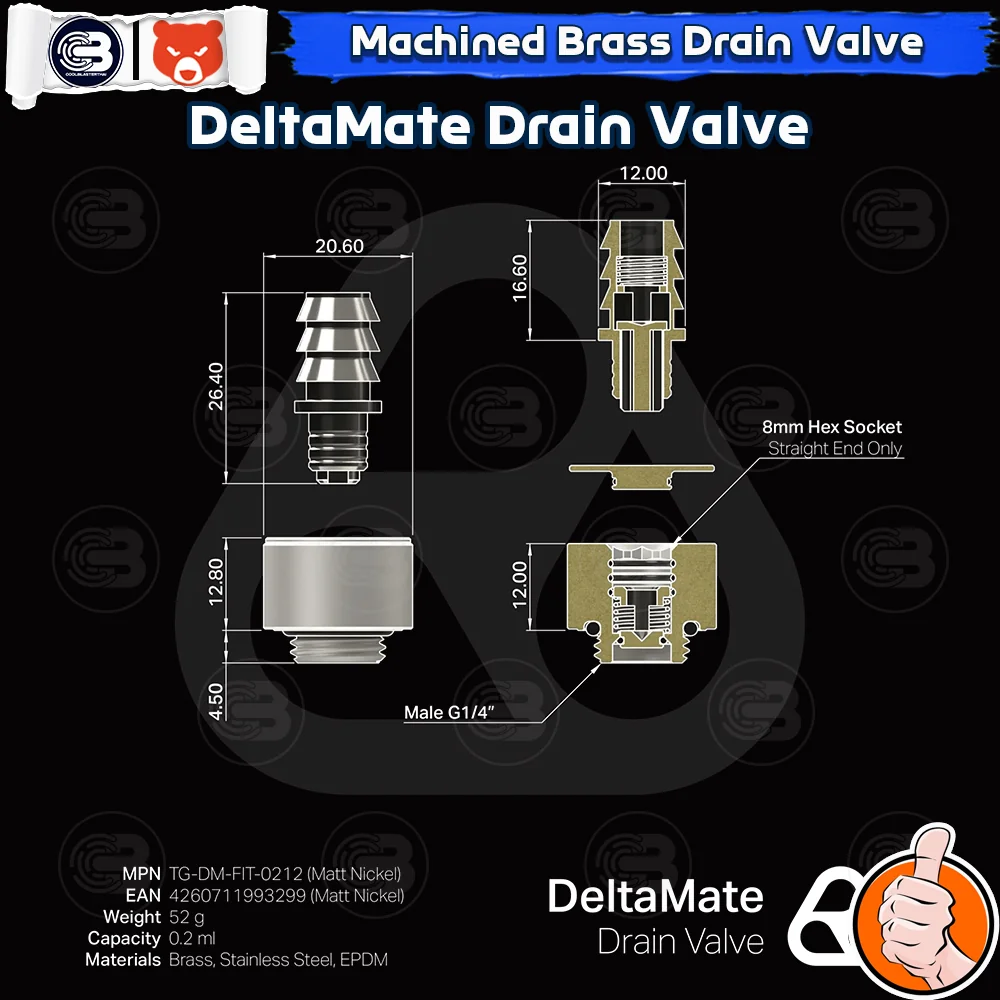 [CoolBlasterThai] THERMAL GRIZZLY DELTAMATE DRAIN VALVE Matt Nickel Machined Brass