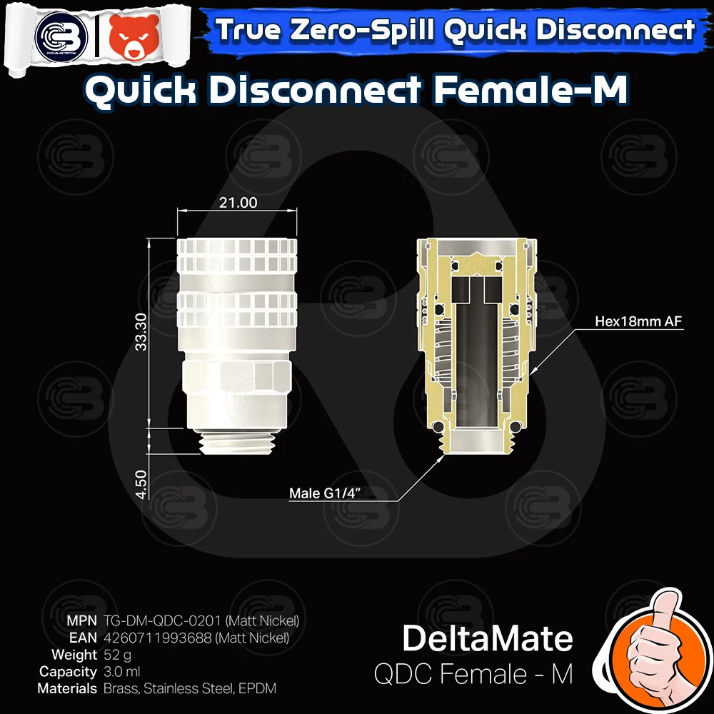 [CoolBlasterThai] THERMAL GRIZZLY DELTAMATE QUICK DISCONNECT FEMALE-M Matt Nickel Machined Brass