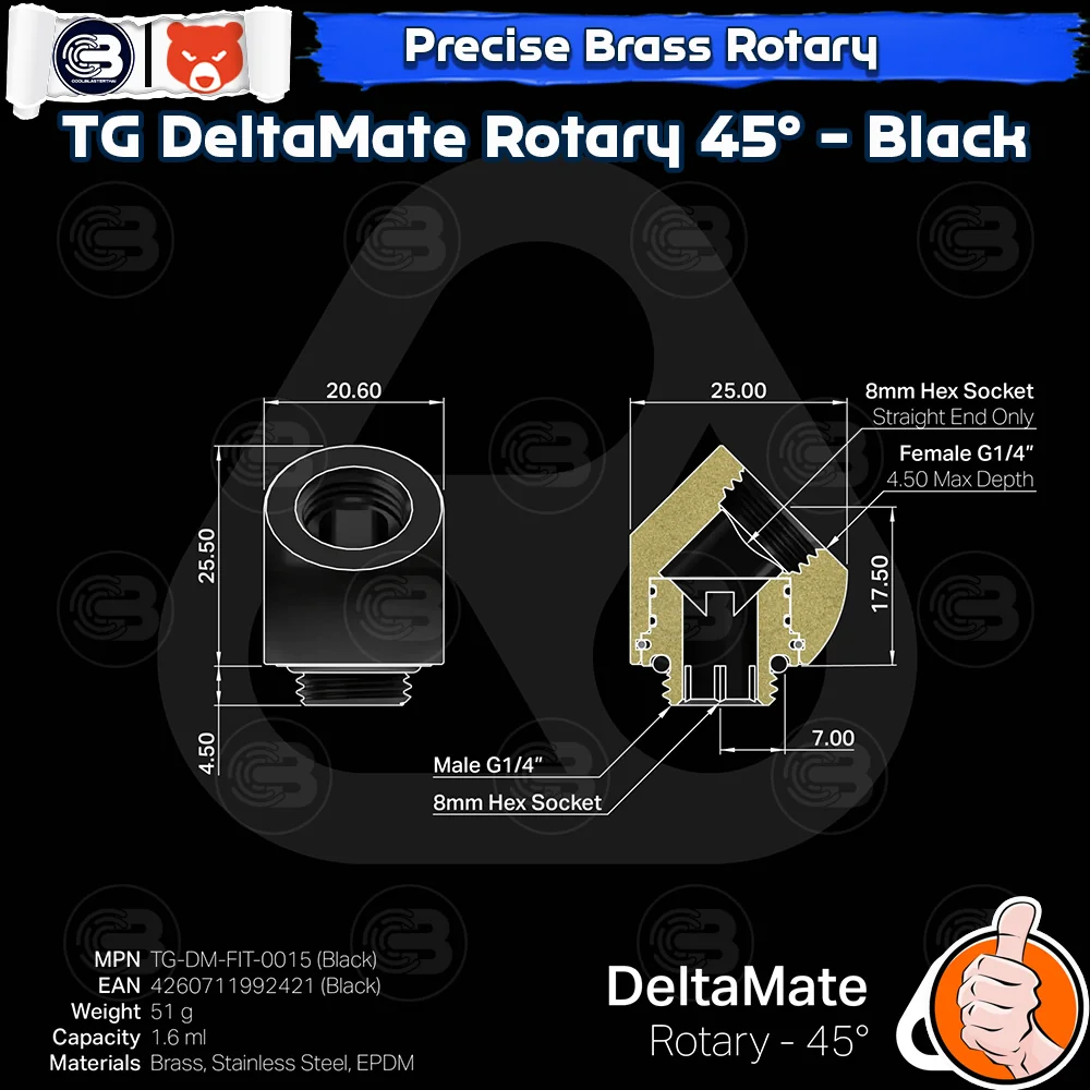 [CoolBlasterThai] THERMAL GRIZZLY DELTAMATE ROTARY 45° Fittings Black Machined Brass