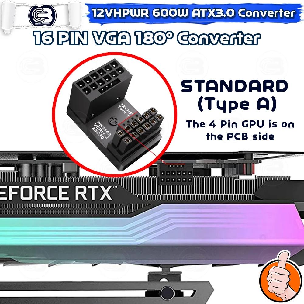 [CoolBlasterThai] Cable Management 16 Pin 12VHPWR ATX3.0 180 Degree Connector (STANDARD) BLACK