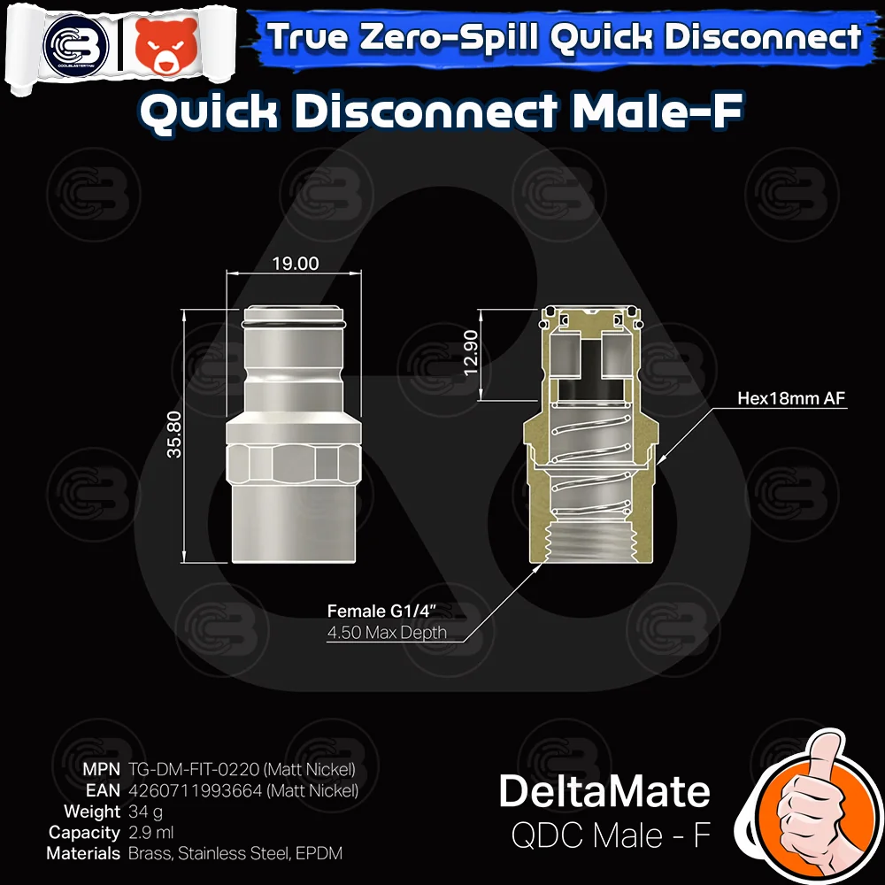 [CoolBlasterThai] THERMAL GRIZZLY DELTAMATE QUICK DISCONNECT MALE-F Matt Nickel Machined Brass