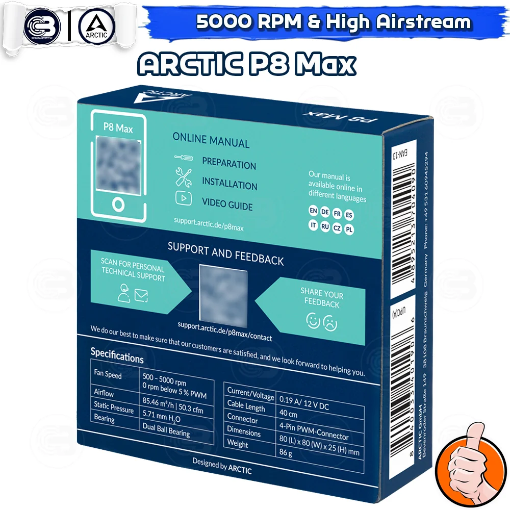 [CoolBlasterThai] ARCTIC P8 Max 500-5000 RPM (size 80 mm.) PC Fan Case ประกัน 6 ปี