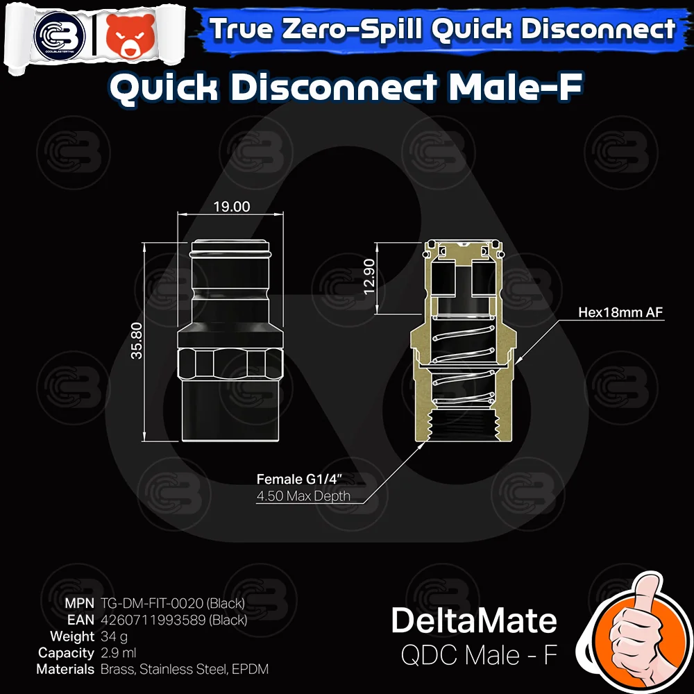 [CoolBlasterThai] THERMAL GRIZZLY DELTAMATE QUICK DISCONNECT MALE-F Black Machined Brass