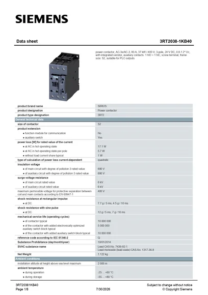 3RT2038-1KB40 : Contactor 3P 80A 1NO+1NC 24VDC Siemens by MAX POWER-SHOP image 3 3RT2038-1KB40 : Contactor 3P 80A 1NO+1NC 24VDC Siemens by MAX POWER-SHOP image 3