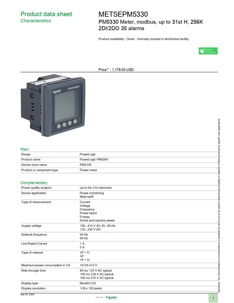 METSEPM5330 : Power Meter 31st Harmonic RS485 Class 0.5S 2DI/2DO 35 Alarms Schneider by MAX POWER-SHOP image 2 METSEPM5330 : Power Meter 31st Harmonic RS485 Class 0.5S 2DI/2DO 35 Alarms Schneider by MAX POWER-SHOP image 2