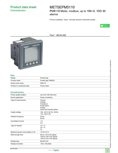 METSEPM5110 : Power meter up to 15th Harmonic LCD RS485 class 0.5S 1DO 33 Alarms Schneider by MAX POWER-SHOP image 2 METSEPM5110 : Power meter up to 15th Harmonic LCD RS485 class 0.5S 1DO 33 Alarms Schneider by MAX POWER-SHOP image 2