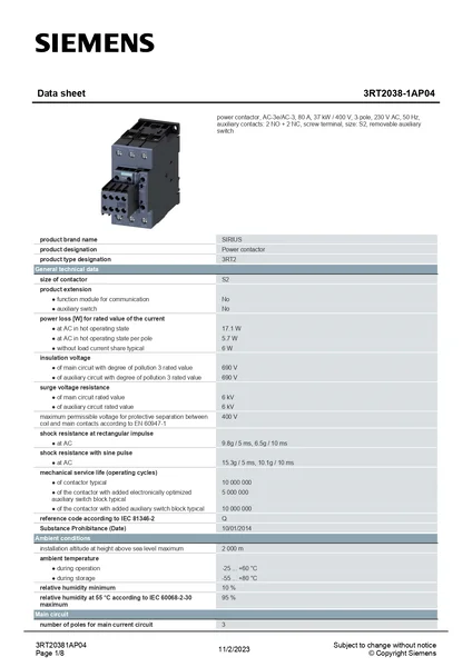 3RT2038-1AP04 : Contactor 3P 80A 2NO+2NC 230VAC Siemens by MAX POWER-SHOP image 3 3RT2038-1AP04 : Contactor 3P 80A 2NO+2NC 230VAC Siemens by MAX POWER-SHOP image 3