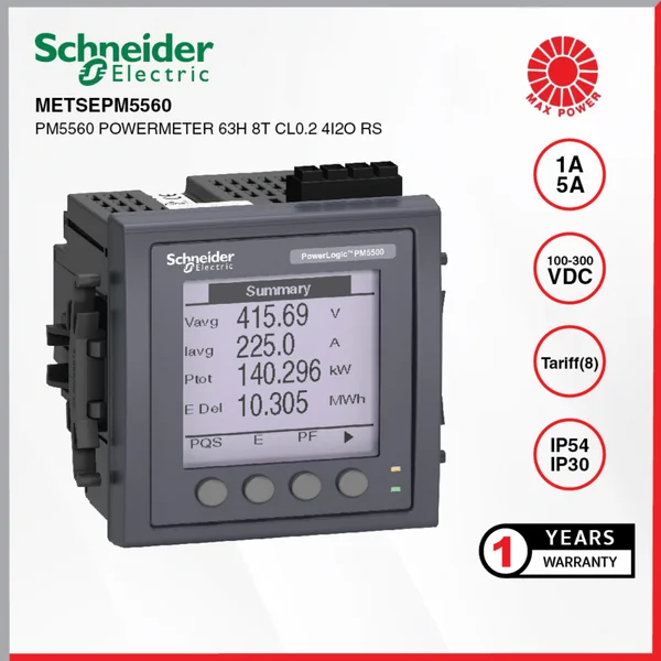 METSEPM5560 : Power Meter Class 0.2S RS485 Modbus RTU Harmonic (Up to 63rd) 4DI/2DO 8 Tariffs Schneider by MAX POWER-SHOP METSEPM5560 : Power Meter Class 0.2S RS485 Modbus RTU Harmonic (Up to 63rd) 4DI/2DO 8 Tariffs Schneider by MAX POWER-SHOP